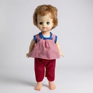 Vintage Horsman 1960s 13" Hard Plastic Sleepy Eye Baby Doll Red Pants Pink Apron